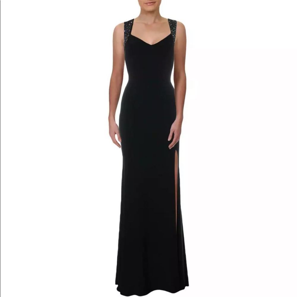 Betsy & Adam Black Beaded Strap Slit Evening Gown